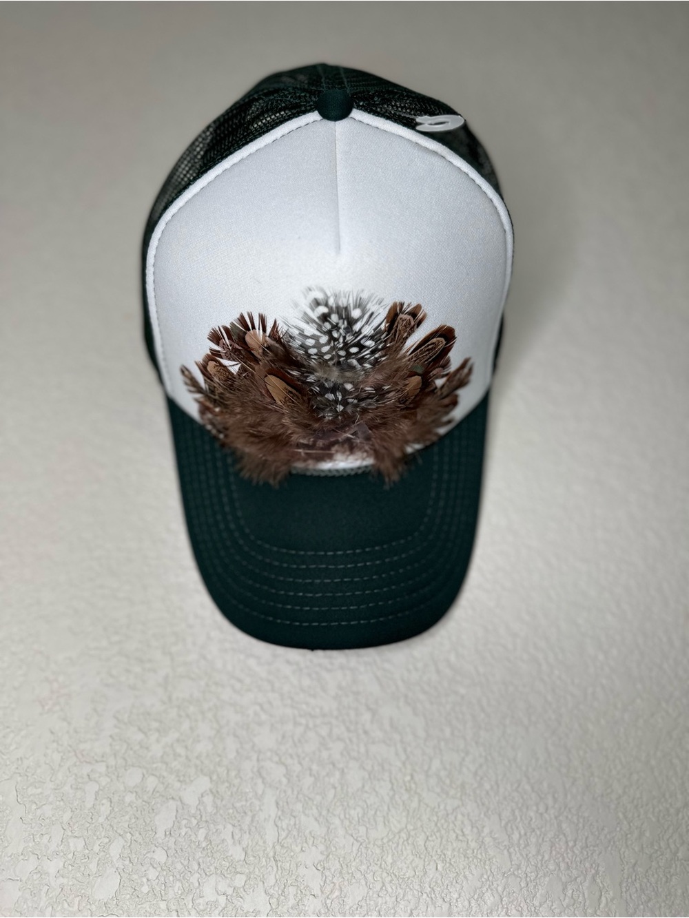 Otto Green White Trucker Hat Feather Decoration Adjustable Mesh Back One Size